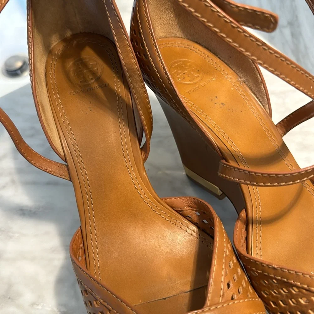 Tory Burch Tan Perforated Leather Wedge Sandals